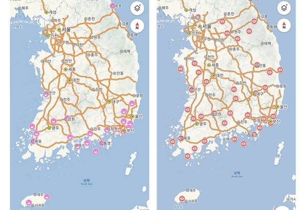 부산치 회원들이 추천한 '맛집지도'(왼쪽)와 '여행지지도'